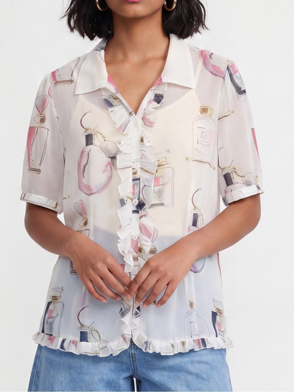 Cabi sheer overlay blouse Glam perfume bottles ruffle hem coquette dopamine top